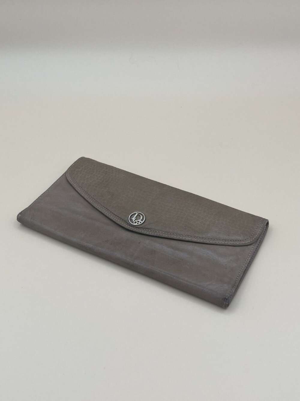 Christian Dior Paris Grey Taupe Leather Long Bifold Wallet CD Charm Silver Hardw